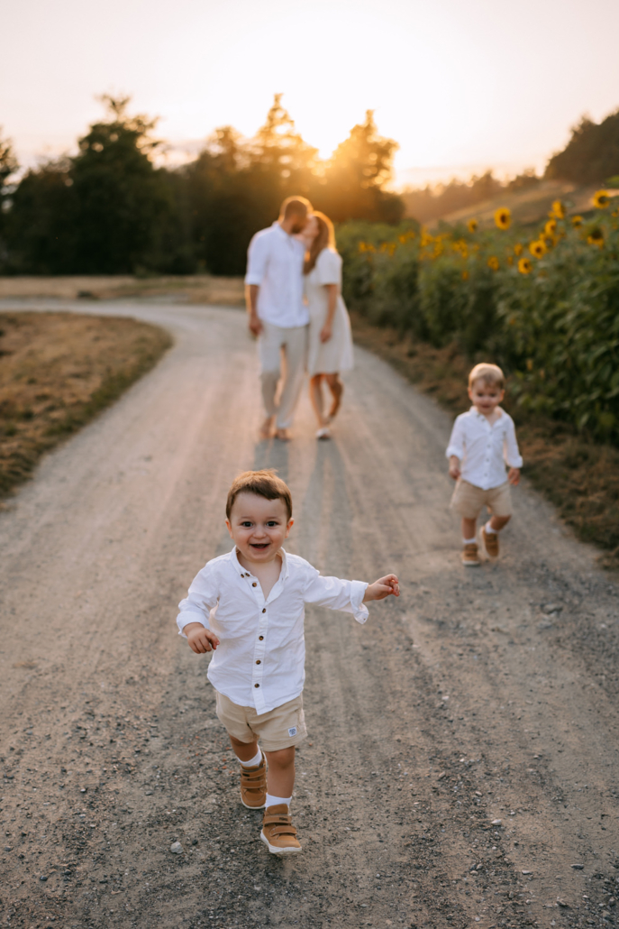 familienfotos-19 Familie mit Zwillingen im Freien bei Sonnenuntergang inmitten von Sonnenblumen