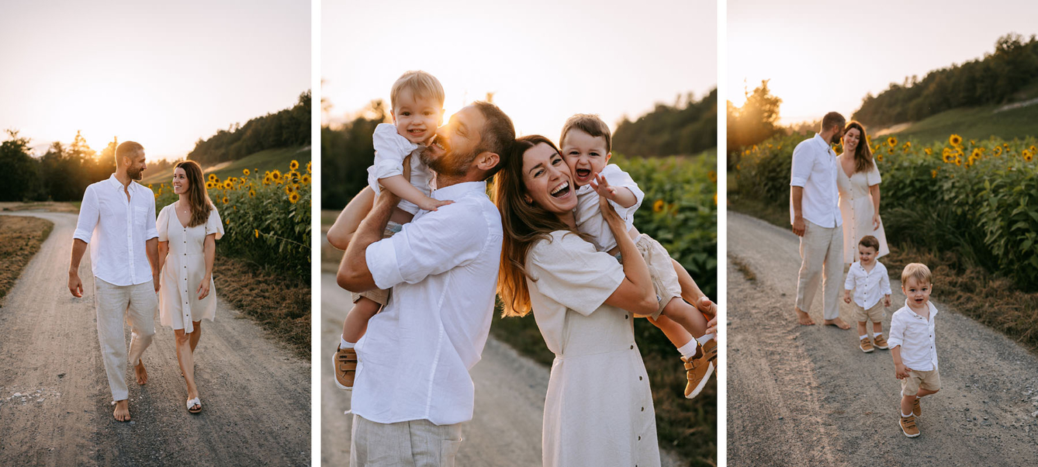 Familie bei einem Fotoshooting zu Sonnenuntergang. Zwillinge mit ihren Eltern, sehr stimmungsvolle Fotos